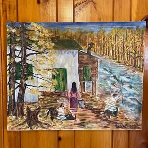 Vintage Original Folk Art Painting River Scene Signed 1987 Canvas Cottagecore